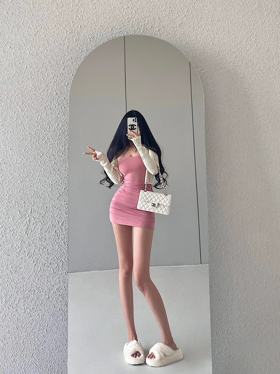 

Сексуальное облегающее платье-бандо с бретелями, плиссированная юбка с запахом вокруг дизайна, чистый цвет, летняя смесь хлопка Dr