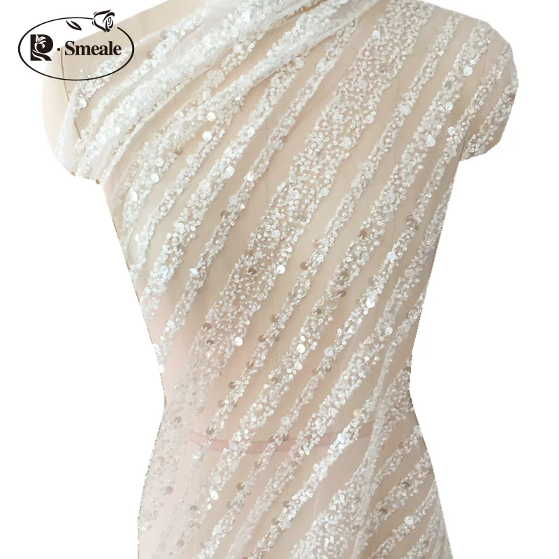 Bridal Lace Fabric Stripes, Luxury Beaded Sequin Wedding Dress, Advanced Custom-made Sewing Fabric, RS4086