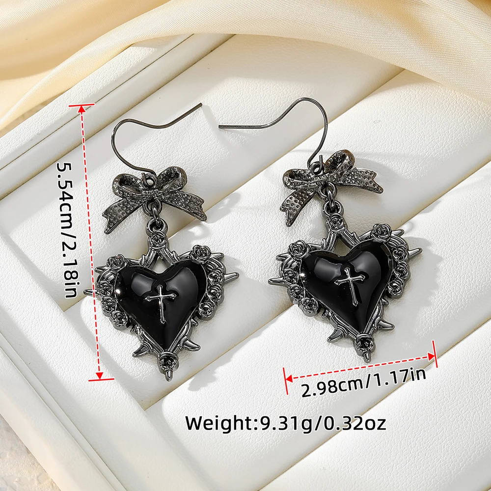 Fashionable and Creative Bow-Knot Heart Earrings Halloween Gift Alloy Oil-Drip Black Earrings Cross Earrings