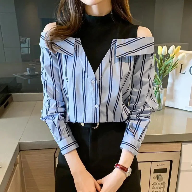 Fake Two Pieces Chiffon Silk Blouse for Women Off Shoulder Top Cool Blue Stripe Cotton Satin Shirt Woman Particular Trends Youth