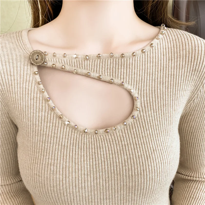 Ladies Fashion Irregular collar Nail bead Basics Sweater Women Spring Autumn Fashion Casual Woman Female OL girls Cute Pullover