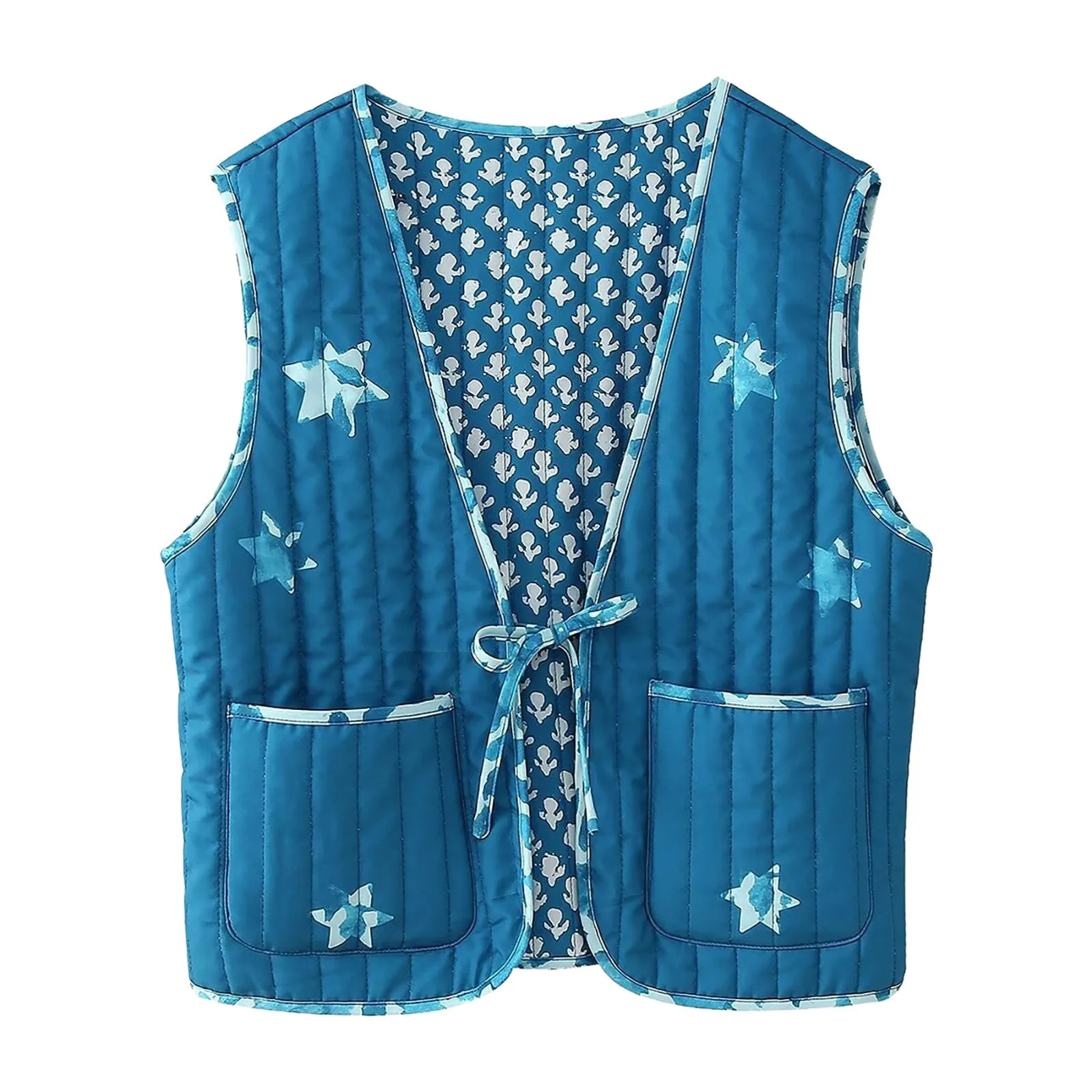 Floral Print Sleeveless Reversible Vest Coat Women Streetwear Fashion Lace Up Padded Jacket V Neck Loose Fit Casual Padded Vest