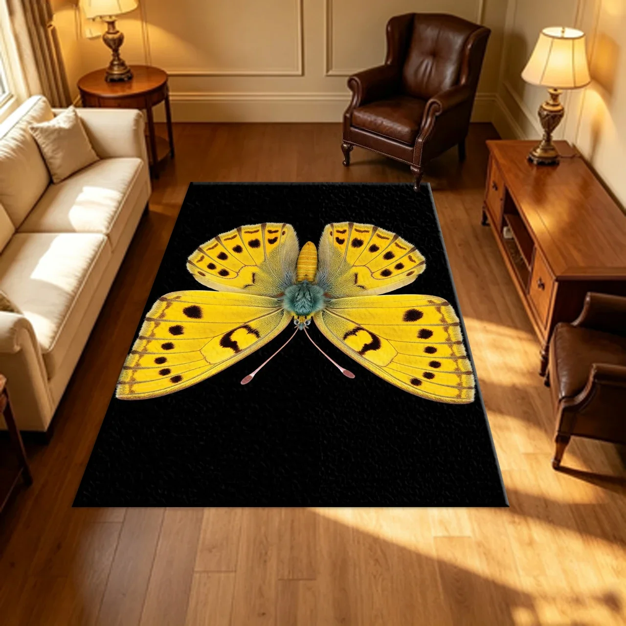 Vivid Yellow Butterfly Specimen Art Carpet Flooring Symmetrical Insect Print Household Living Bedroom Area Rug Indoor Floor Cove
