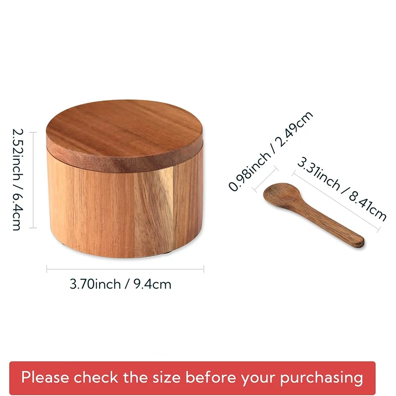 صندوق وعاء ملح وفلفل من خشب السنط مع غطاء وملعقة قبو ملح السنط مع 360 درجة °   حاوية توابل ذات غطاء دوار JT509
