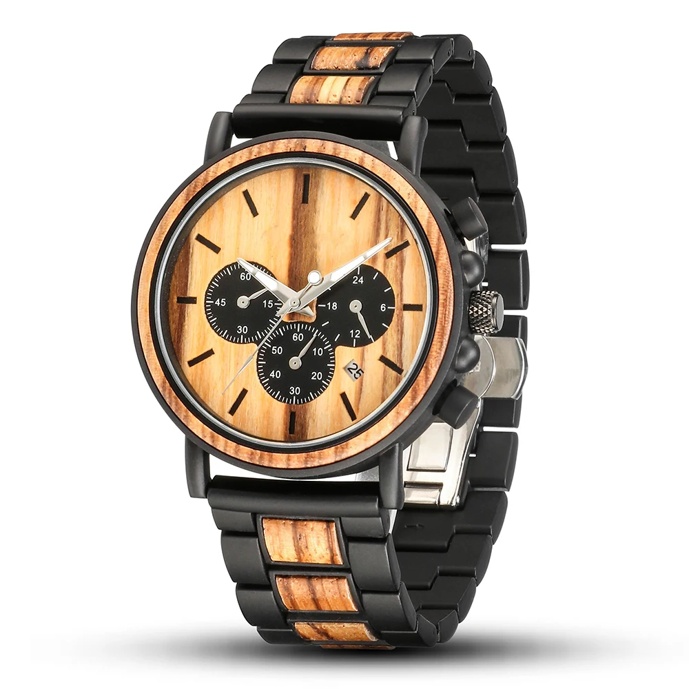 

Wooden Watch Men Watches Timepieces Personality Creative Quartz Wristwatch 3-eye Men's Functional Date Chronograph Watch reloj