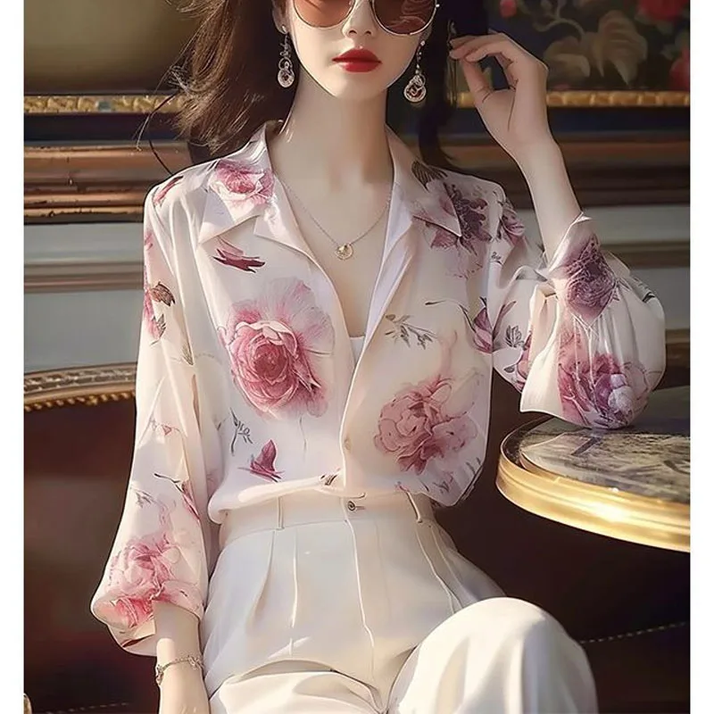 

Luxury Flower Printing Sunscreen Loose Shirt 2024 Spring New Long Sleeve Lapel Collar Women Casual Office Lady Breathable Tops