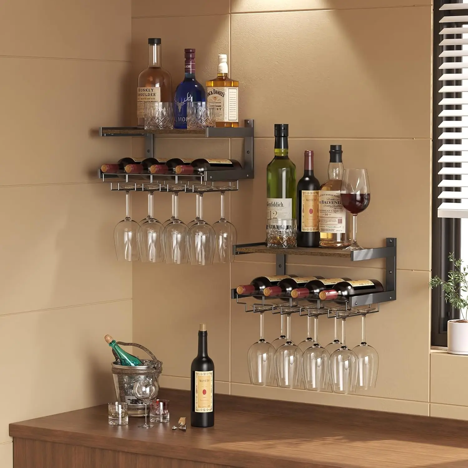 

Wall Mounted Wine Rack with Stemware Hanger, Floating Shelves for Bar and Kitchen Storage in Brown (2-Pack)