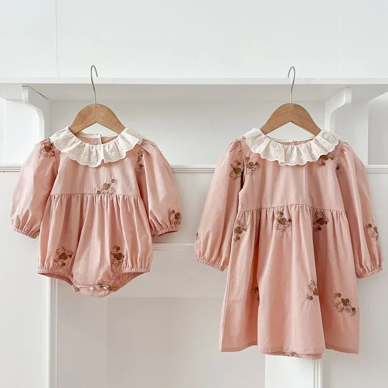 2025 New Spring Girl Party Dress Baby Girl Romper Long Sleeved Cotton Flower Embroidery Kids Princess Dresses Sister Clothes