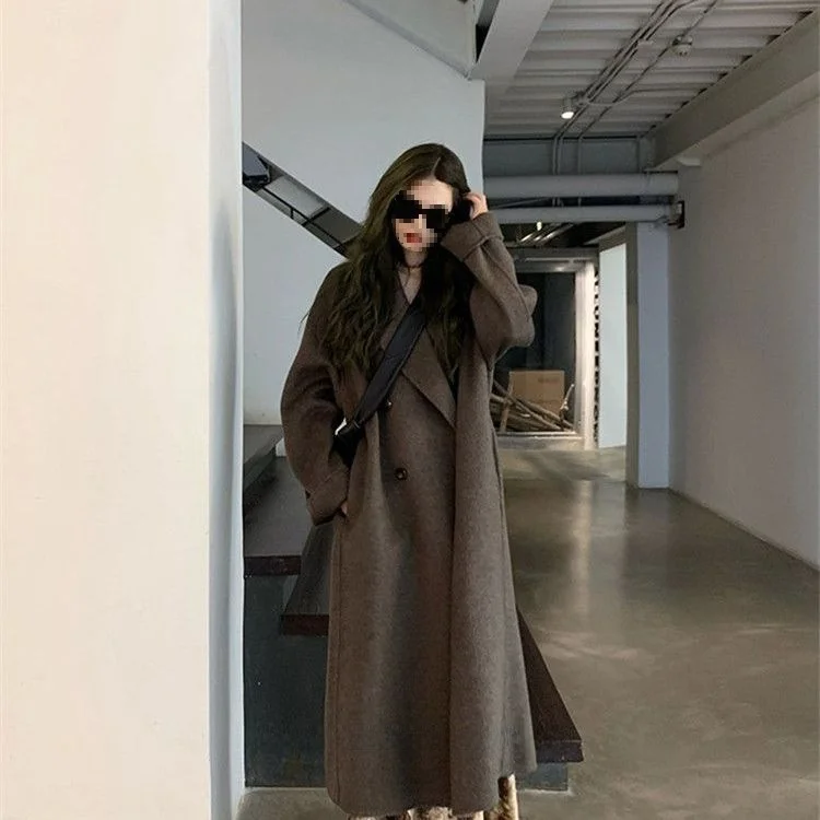 Dámský vlněný kabát v barvě plus size, moka coffee, nový, korejský styl, vysokoškolský styl, malá velikost, svrchní oblečení - náhled 3