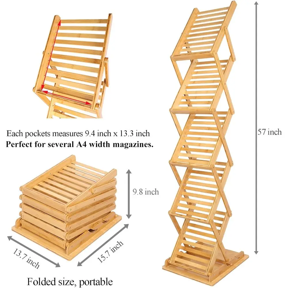 حامل مجلات A4 من الخيزران قابل للطي، حامل أرضي بـ 5 جيوب، بطول 57 للمعارض والتجزئة. #2