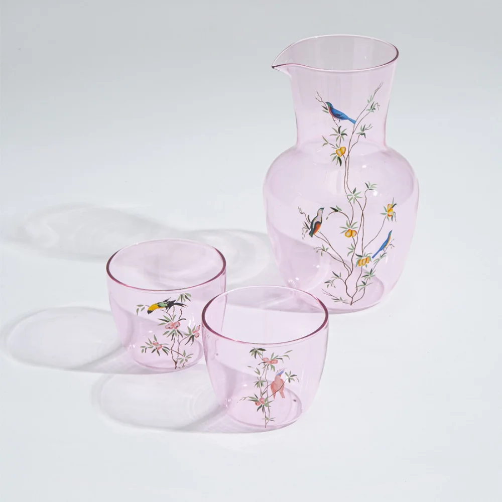 Hand Drawn Kingfisher Glass Water Pitcher Set with 2 Cups Bedside Carafe And Glass Jug for Fridge - Clear Glass