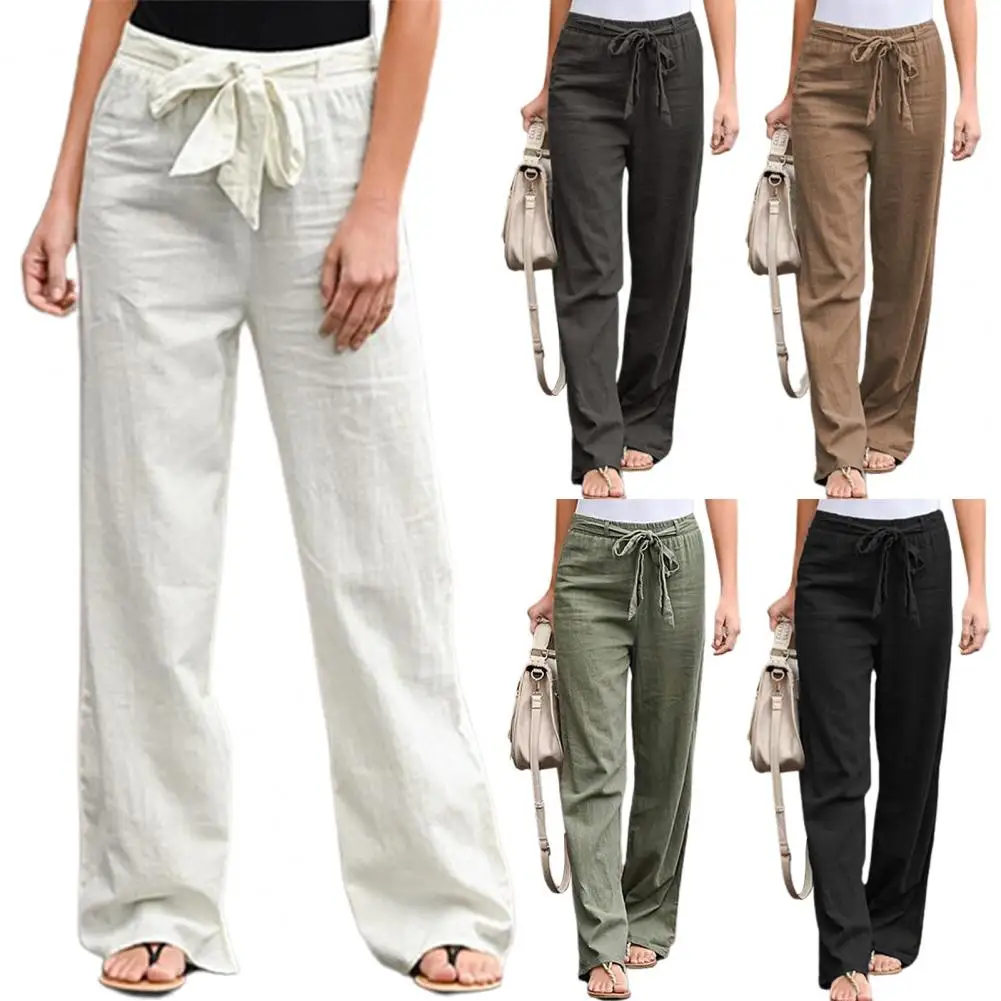 Pantaloni in lino di cotone da donna pantaloni dritti larghi in vita elastica moda estiva pantaloni Casual alla caviglia di colore solido femminile 2024