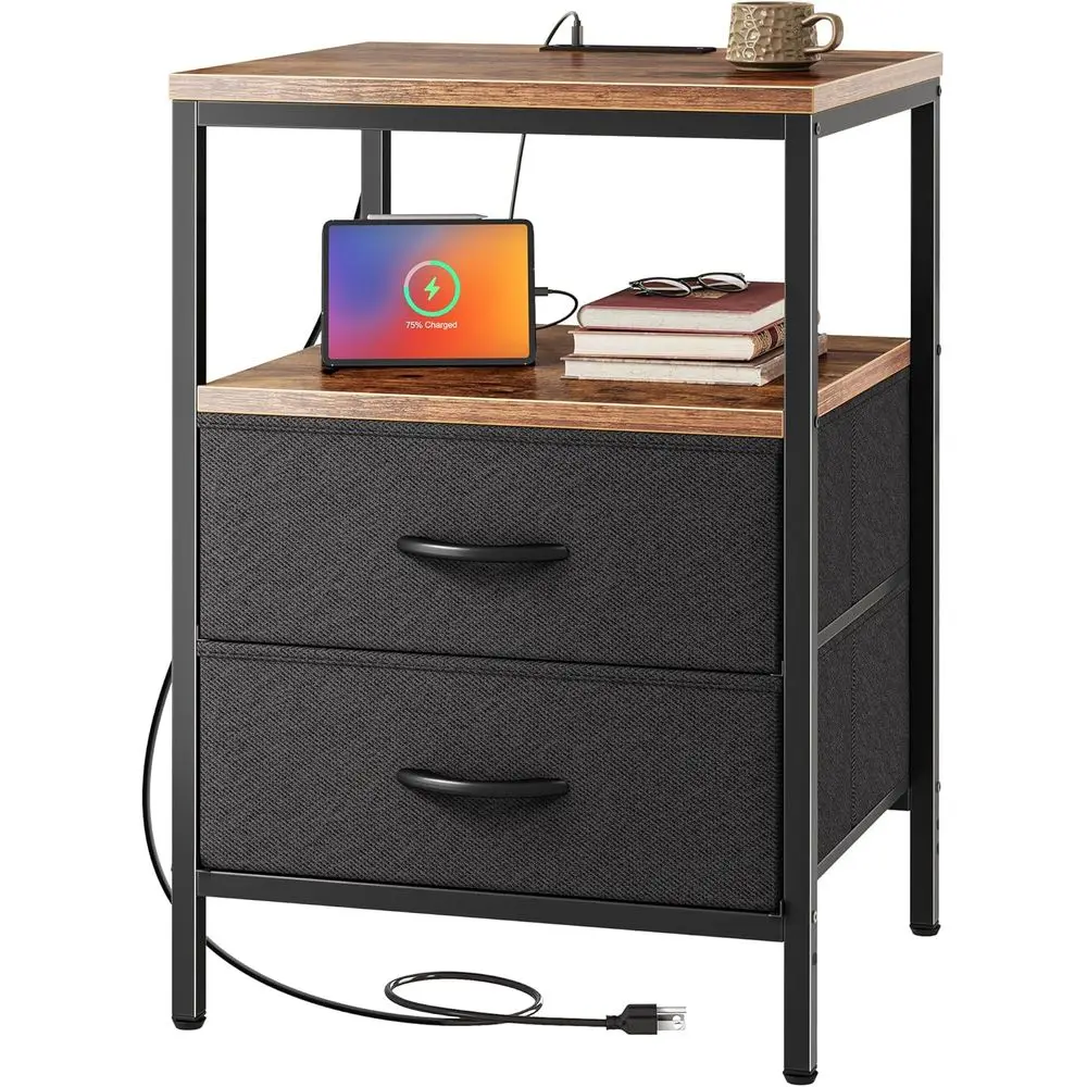 

Прикроватная тумбочка из коричневой и черной ткани в деревенском стиле с зарядной станцией, прикроватная тумбочка высотой 27,7 дюйма для спальни и гостиной