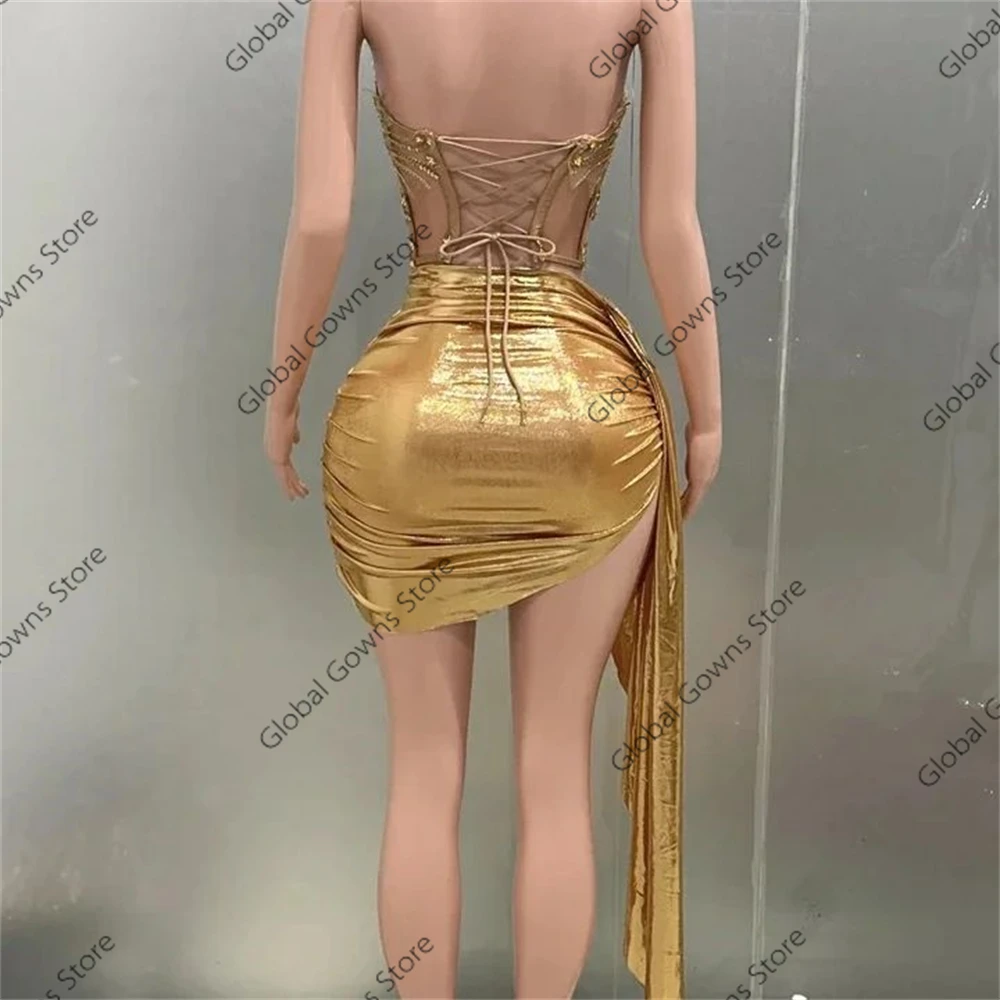 Gold Sweetheart Short Prom Dress For Black Girl Birthday Party Dresses Beaded Appliques Pleats Back Out Mini Cocktail Homecoming