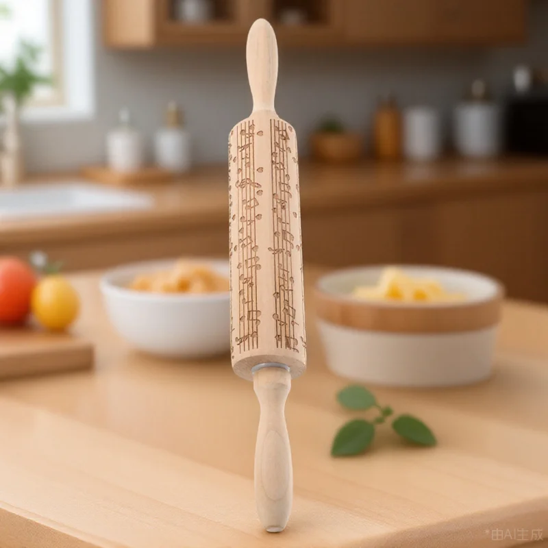 

1pc Wooden Rolling Pin With Carved Pattern Non-Stick Dough Roller For Baking Pasta Pizza Dumpling Making Kitchen Tool