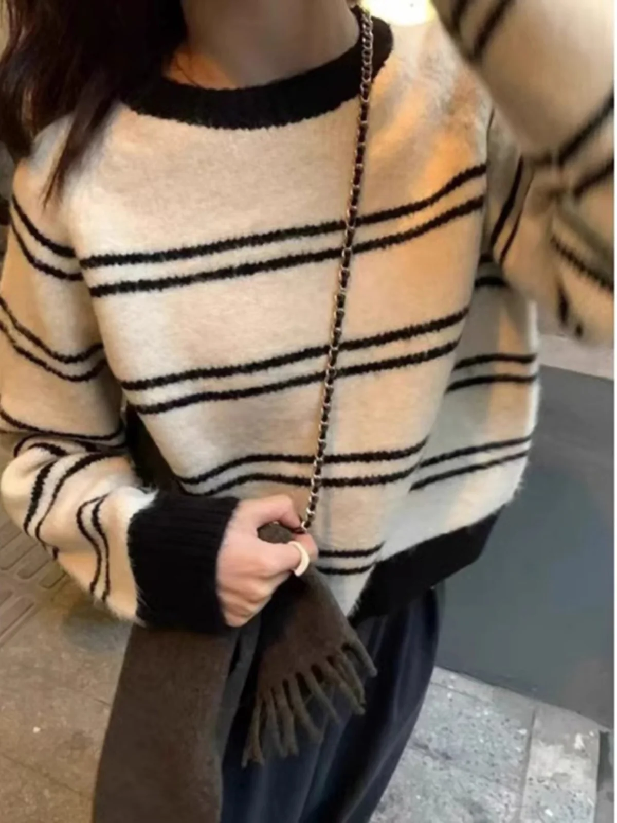 

Корейский шикарный полосатый винтажный женский трикотаж, свободная внутренняя одежда, осень-зима, новый мягкий цветной базовый слой Mяny...