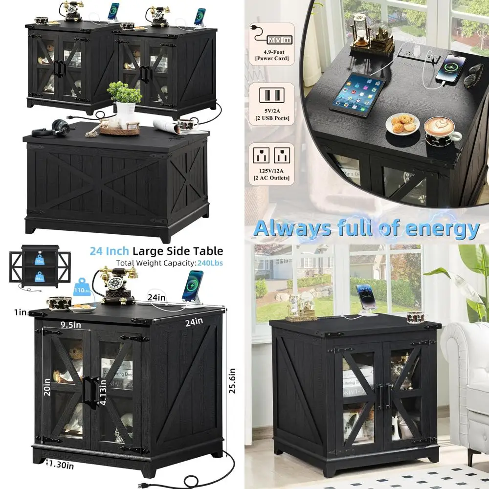 طقم طاولة قهوة مزرعة مكون من 3 قطع مع طاولات جانبية كبيرة ومحطة شحن وحجرة تخزين #1