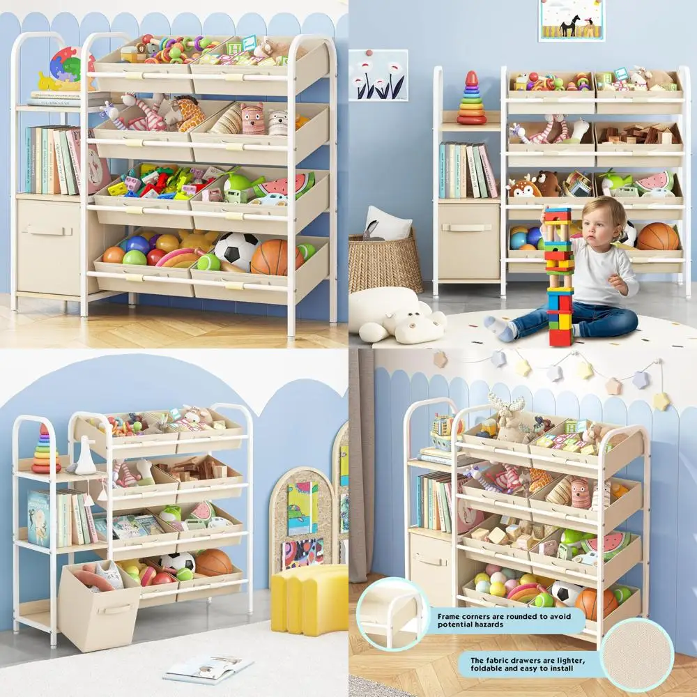 منظم تخزين بأدراج قماشية مع رف كتب من 3 طبقات للأطفال، حل تخزين ألعاب الحضانة #1