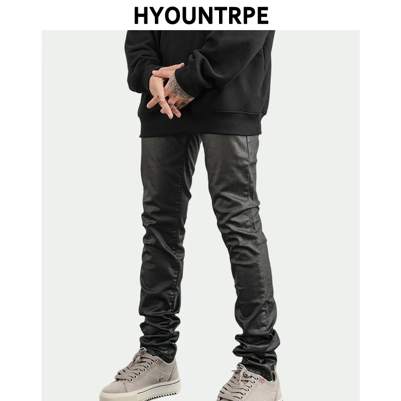 Men Pants High Street Wax Coating Pant Casual Streetwear Hip Hop Zipper Trousers Harajuku Fashion Slim Fit Skinny Pants Joggers