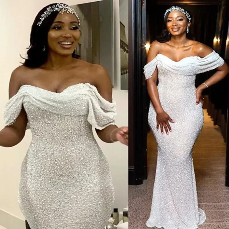 Customized Off the Shoulder Shinny  Sequins Beads Mermaid Wedding Dresses  Robe De Mariee Luxe 2025 African  Bridal Gown