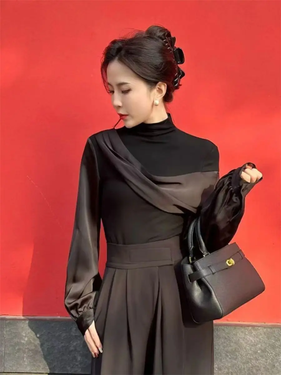 Shirt Tshirt Woman Autumn Luxury Satin Splice Self-cultivation Asymmetry Design Fashion Versatile Shirt Long Sleeves Tops Y2k