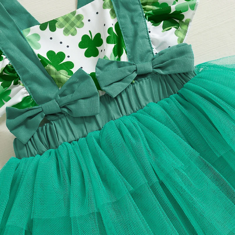 Stylish Baby Girl Shamrock Romper Dress with Flutter Sleeves Matching Bow Headband and Irish-inspired Design - 2 Piece Set