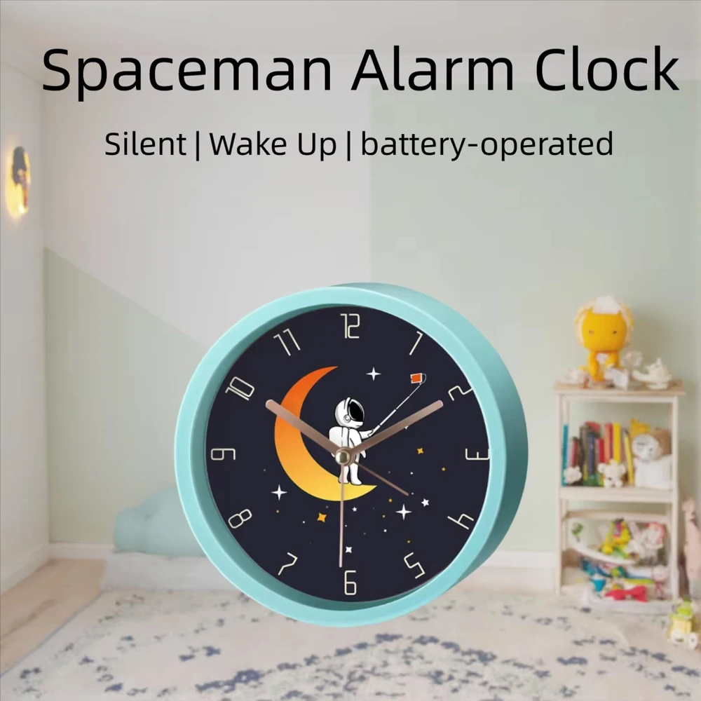 Kids Spaceman Alarm Clock Round ABS Frame Silent Non-Ticking Quartz Desk Clock for Bedroom Study Gift Cute Astronaut Design