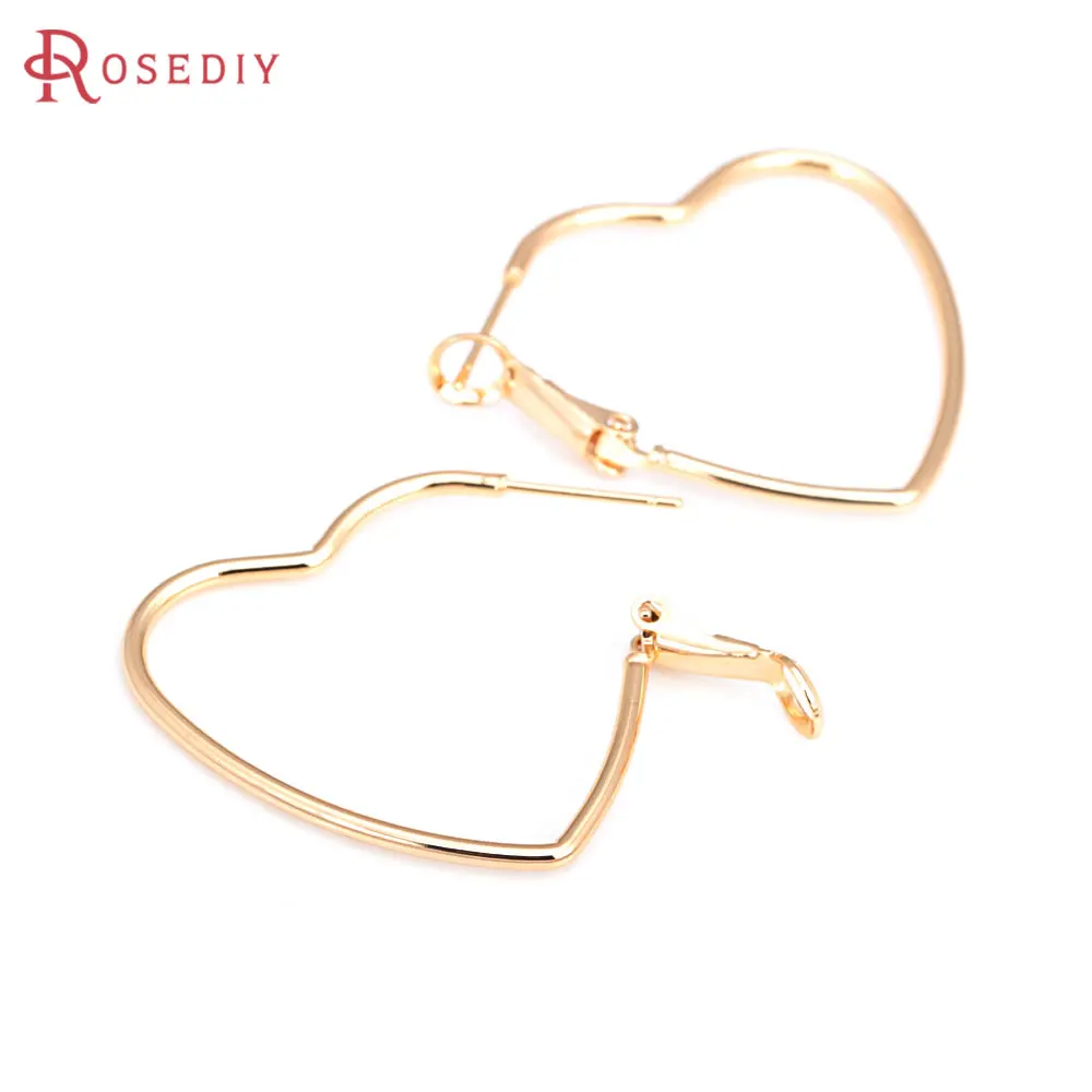 2PCS 30x36MM 18K Gold Color Brass Heart Shape Brincos Hoops Loops Diy Jóias Fazendo Suprimentos Brincos Acessórios para Mulheres