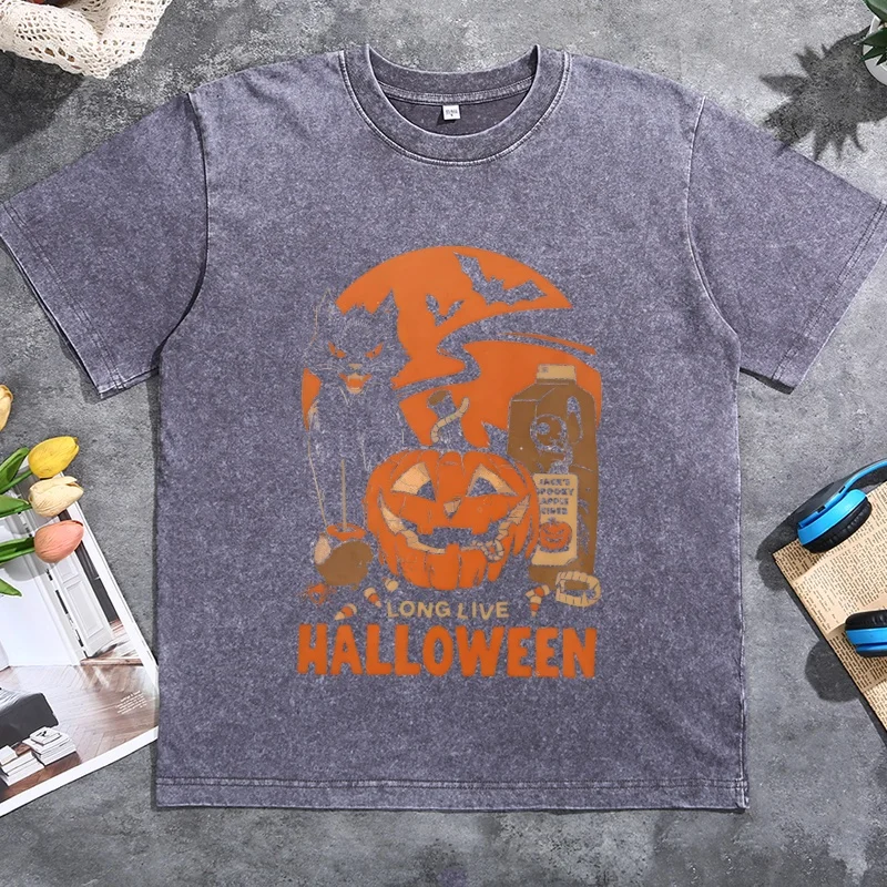 Retro Halloween T Shirt Washed Vintage Halloween Graphic Tees Men Women Fall Apparel Spooky Season Pumpkin T-Shirt Streetwear