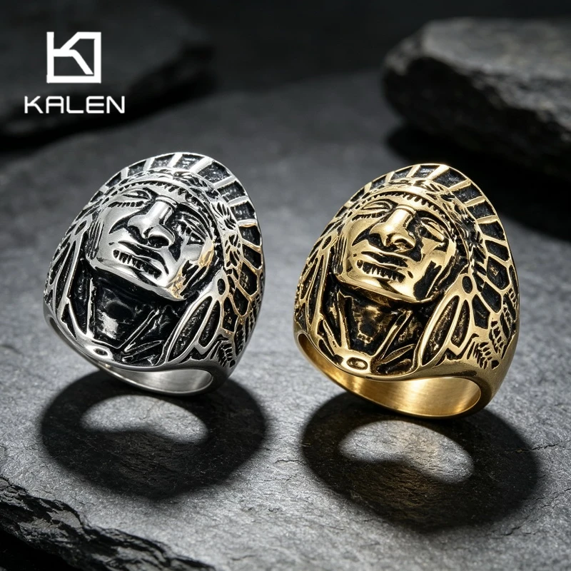 KALEN Vintage Indian Chief Head Ring for Men Larger Stainless Steel Jewelry Punk Finger Anillos Rock Heavy Male Finger Band Gift