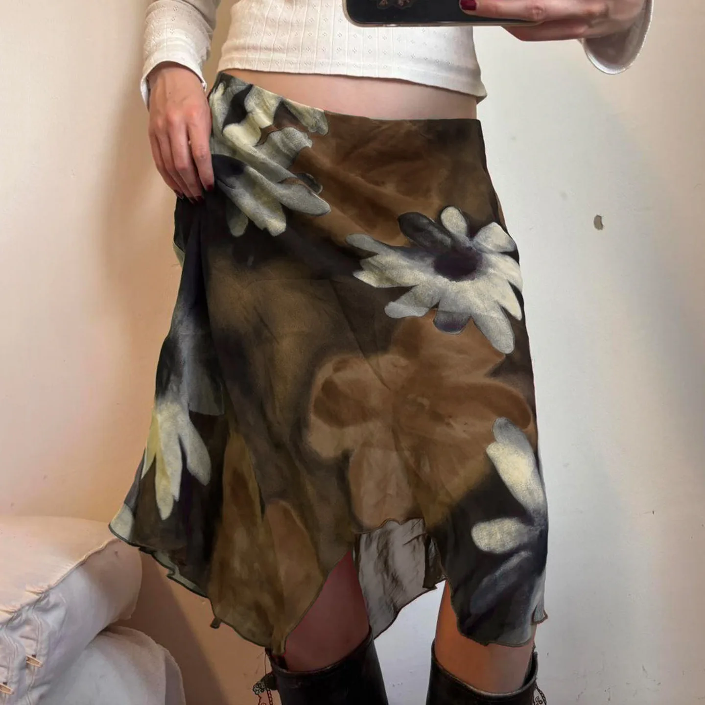 Retro Floral Printing Mesh Stitching Irregular Skirt Vacation Style Slim Low Waist Skirt