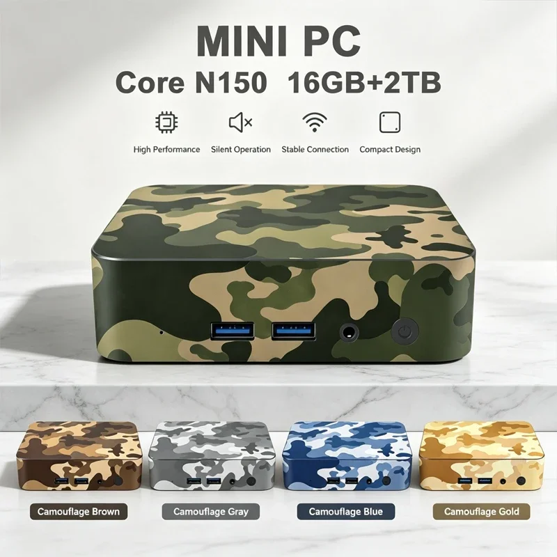 Camouflage Mini PC Intel N150 Dual HDMI LAN USB 16G+2TB Storage Quiet Cooling Mini Desktop For Light Gaming Office