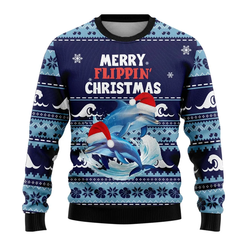 Cute Dolphin Shark 3D Printed Ugly Christmas Sweater For Women Clothes Fashion Crewneck Men Sweatshirt Casual Autumn Pullovers