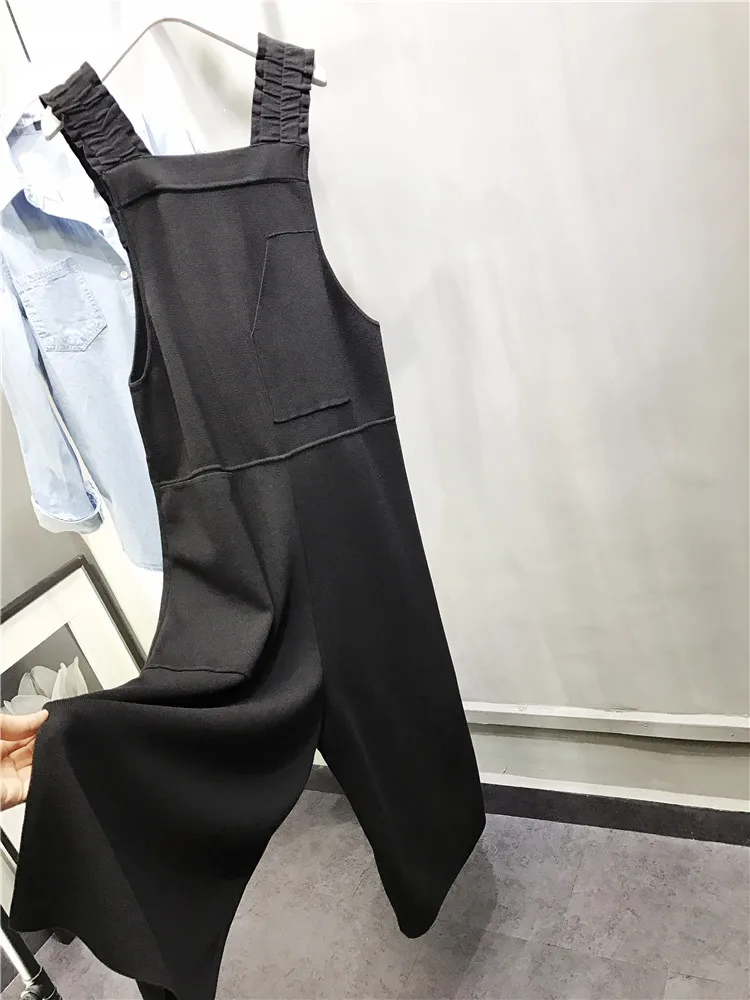 

High Quali Knitted One-Piece Pants for Women with kets Loose Fit Casual Wide Strap Pants Sli And Slimming