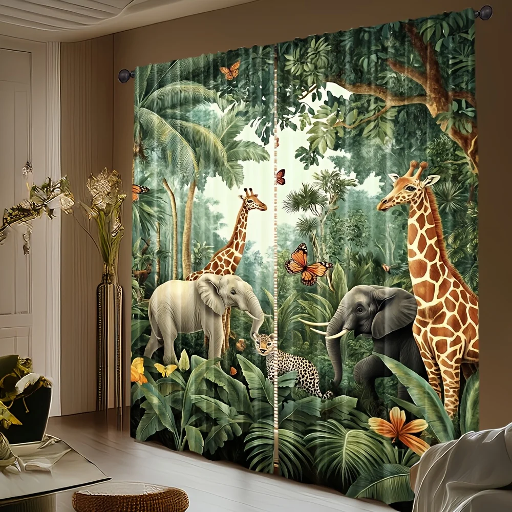 Dschungeltier-Vorhänge im Safari-Stil mit Giraffen-, Elefanten- und Schmetterlingsdruck für Wohnzimmer, Schlafzimmer und Fensterdekoration