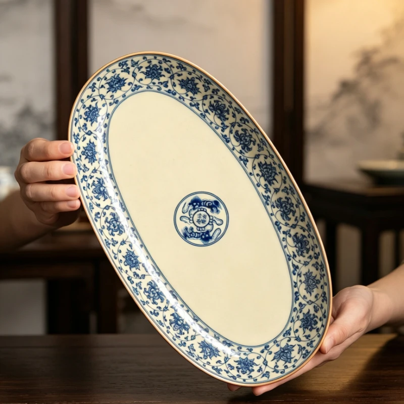 Chinese Blue and White Porcelain Oval Fish Plate High‑Temp Ceramic Steaming Fish Dish Retro Tableware for Home Hotel Dining