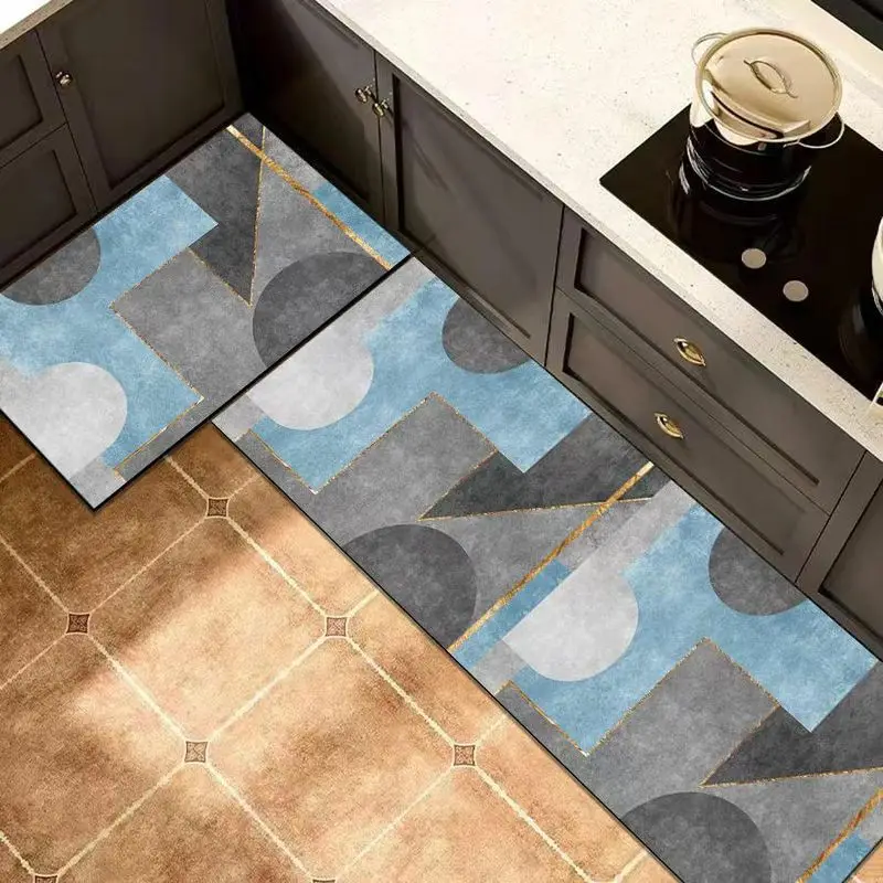 VIKAMA Geometric Kitchen Mat Blue Gray Modern Abstract Circle Triangle Gold Line Minimalist Floor Rug for Kitchen Home Decor