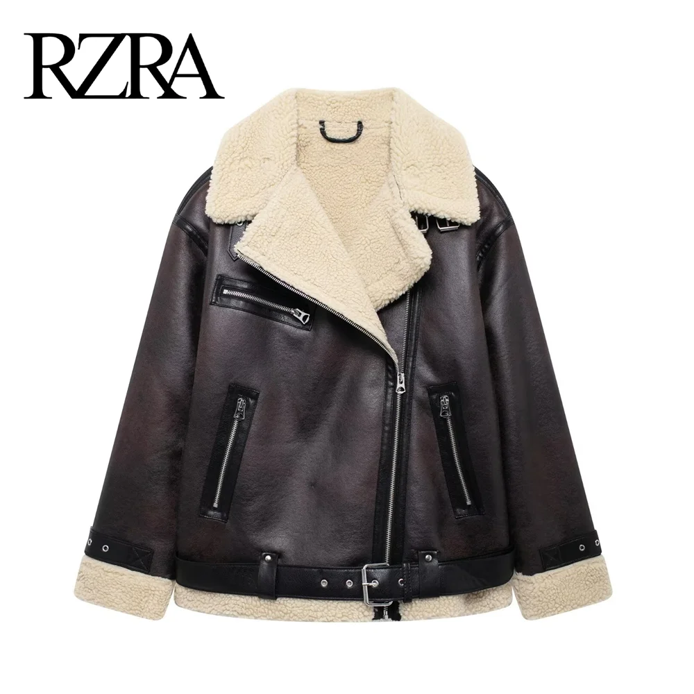 RZRA original 2024 winter new women\'s double-sided lapel long-sleeved long jacket coat fleece stitching lining with belt