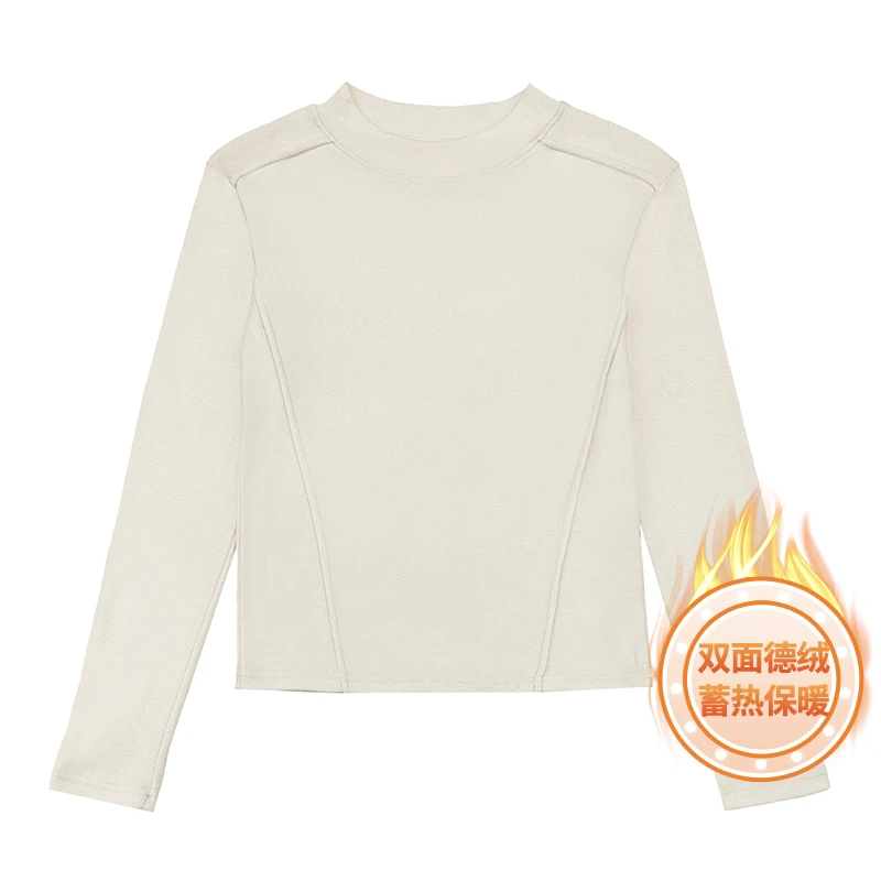 Stitched Seam Slim Fit Thermal Layering Women T-shirt 2026 Autumn Winter Double Sided Dralon Crew Neck Tee Solid Color Top