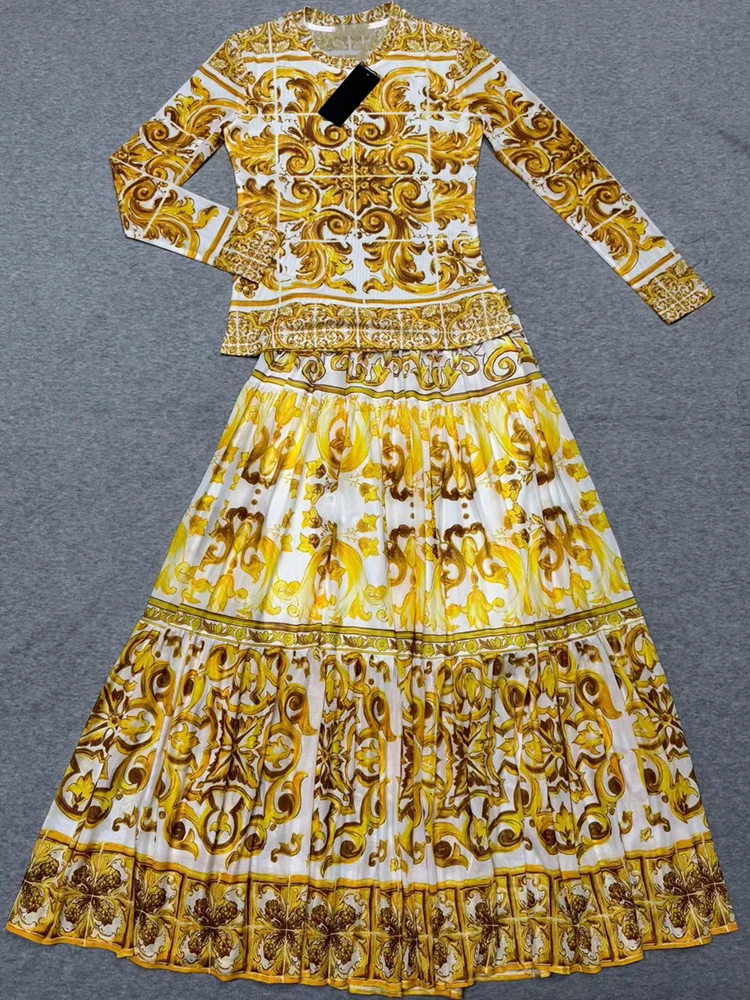 Retro blauw-wit porselein bedrukte elastische mesh top met lange mouwen dames nieuwe elastische taille grote rok mode tweedelig pak