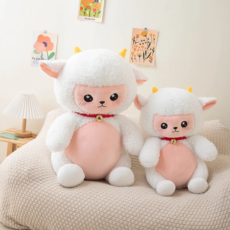 

25-65cm Creative Lovely White Sheep With Bell Plush Toys Cartoon Stuffed Animal Soft Lamb Doll Baby Accompany Sleep Pillow Gifts