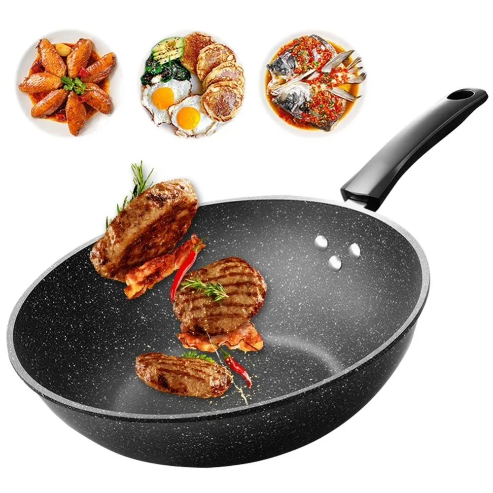 أواني طهي المطبخ غير لاصقة مقلاة مقلية مسطحة القاع مقلاة عالمية مع غطاء ووك شريحة لحم #5