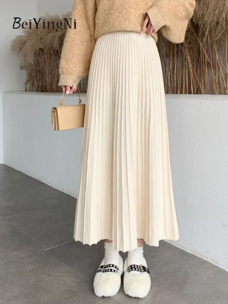 Beiyingni Women Long Maxi Knitted Skirt Autumn Winter Casual Pleated High Waist A-line Skirts 90cm 2022 Korean Fashion Faldas