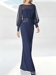 Mother of the Bride Dress Elegant Jewel Neck Floor Length Chiffon Sequined Long Sleeve with Sash