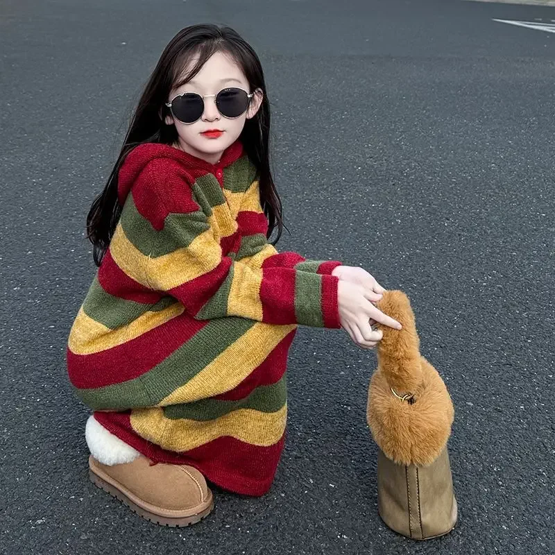Girls' 2025 AW New Over-Knee Knit Sweater Hooded Dress Stylish Winter Outfit for 4-12Y