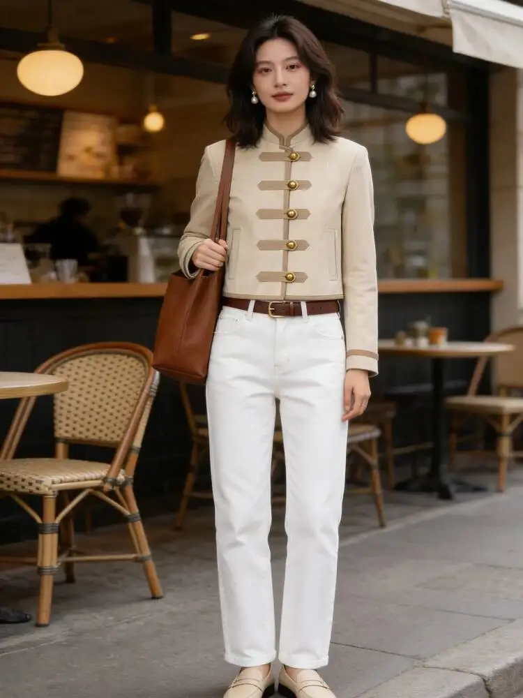 

Elegant Stand Collar Short Jacket Women Vintage Pad Shoulder Single Breasted Jackets Coats Lady 2025 Winter Chic Street Outwear