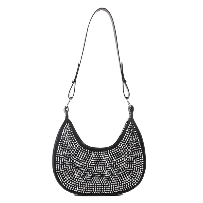 Women Blingbling One Shoulder Bag Bright Diamond Bag  New Fashion Luxury PU Leather Crossbody Bags Chic Design Half MoonBag