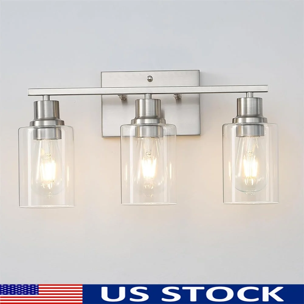 

Silver Vanity Light Fixtures Brushed Nickel E26 Wall Sconces Modern Bathroom Over Mirror Lighting Clear Glass Dimmable Indoor