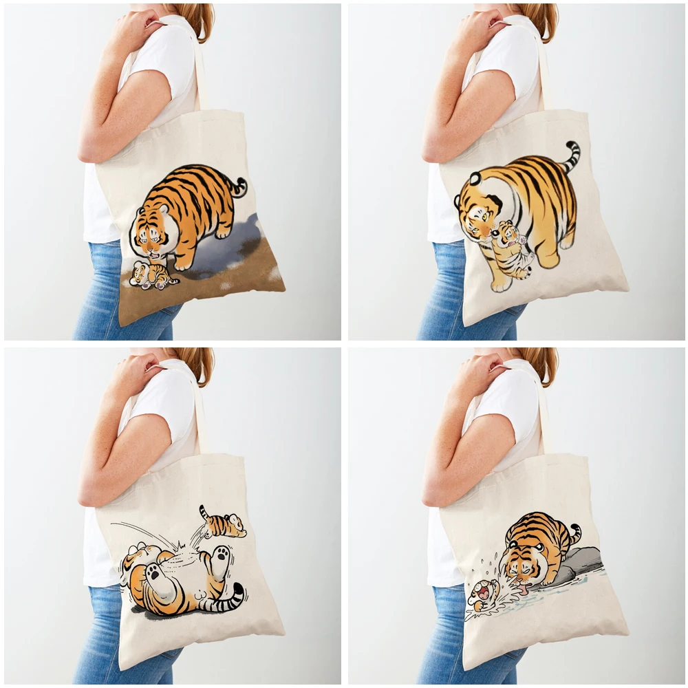 Funny Fat Tiger Women Shopping Bags Cute Cartoon Animal Both Print Canvas Foldable Shopper Bag Cloth Lady Tote Shoulder Handbag