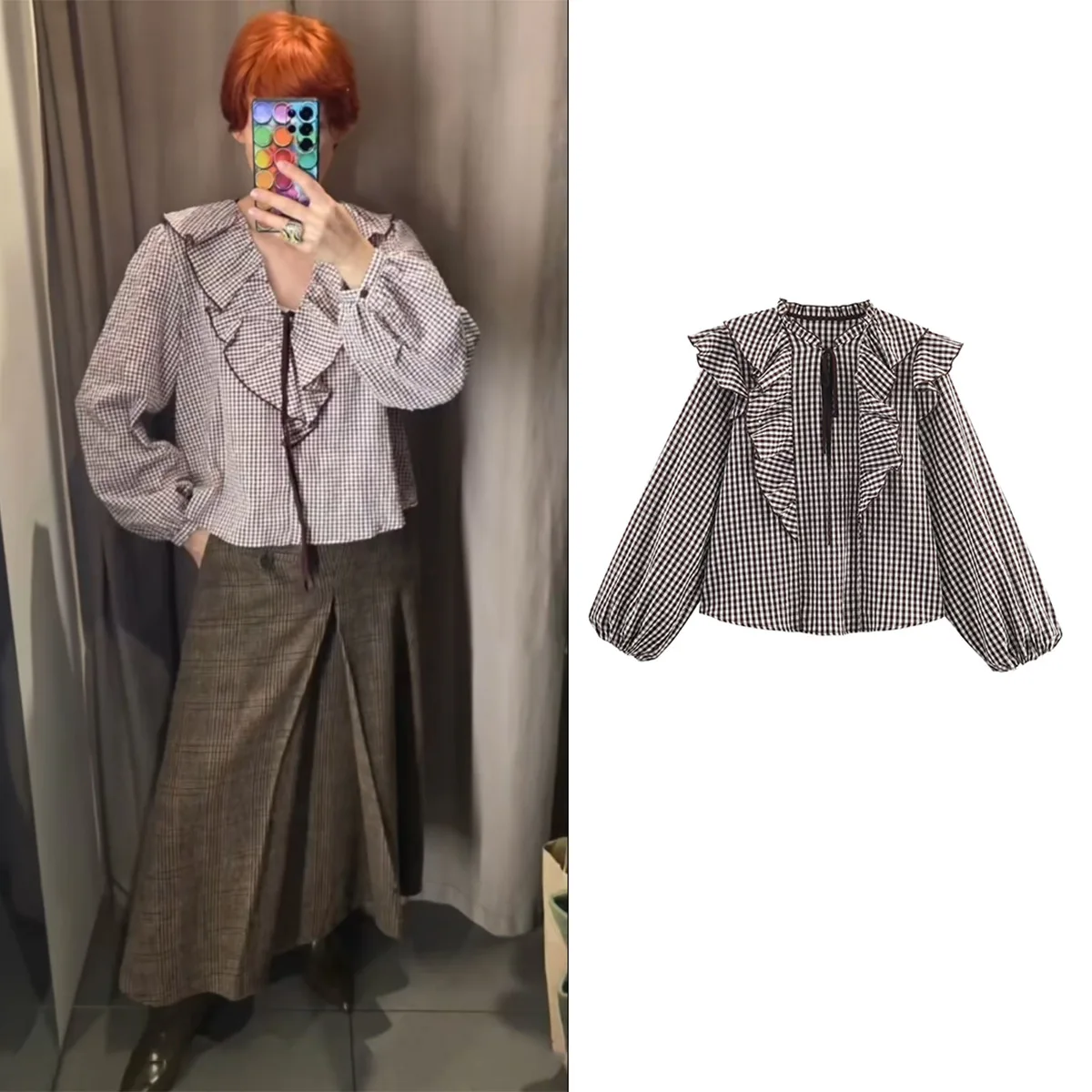 

Women's Plaid Long-Sleeve Top Winter Fashion Sweet Ruffle Round Neck Youthful Shirt Casual Unique Pastoral College Style Blouse